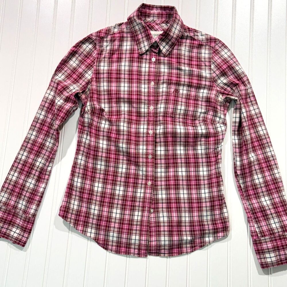 Vintage Y2K Aeropostale Pink Plaid Button Down Fitted Stretch Shirt M Mallcore